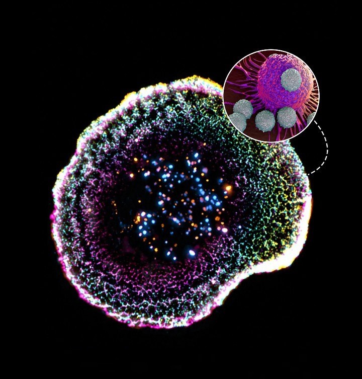 یک سلول T سیتوتوکسیک که با استفاده از cryo expansion microscopy / روش میکروسکوپی انبساطی همراه با انجماد سریع تصویربرداری شده است. نقاط رنگی در مرکز، گرانول های سیتوتوکسیک هستند که برای از بین بردن سلول های آلوده یا سرطانی استفاده می شوند.
