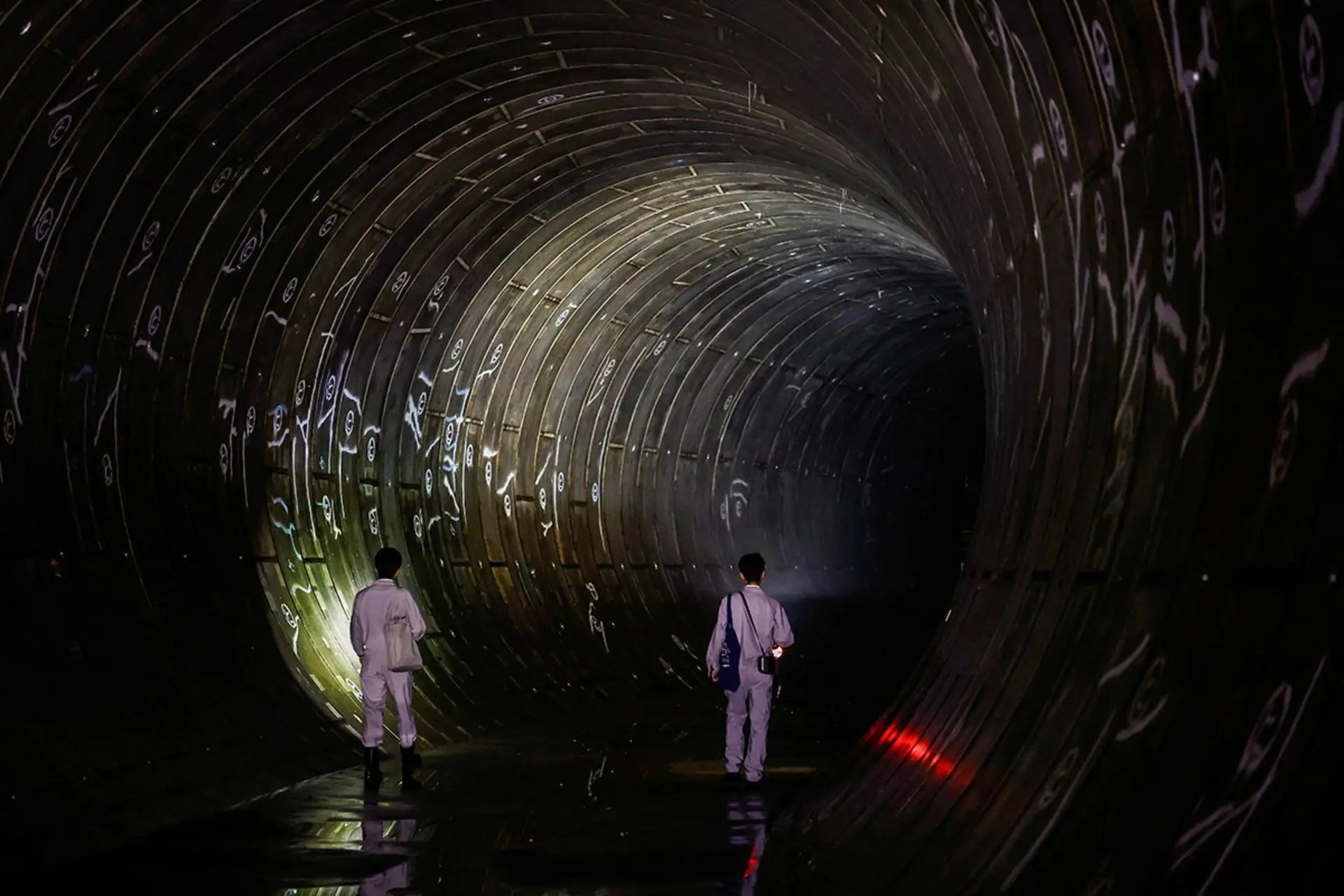 اعضای دفتر ساخت و ساز دولت کلانشهر توکیو در حال بازدید از داخل جاده کمربندی شماره ۷، زیر مخزن تنظیم کننده زیرزمینی رودخانه کاندا در توکیو، ژاپن، ۱۶ ژوئیه