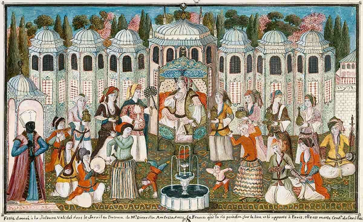 والده‌سلطان و مادام ژیراردن، همسر سفیر فرانسه، اثر هنرمند ناشناس، ۱۶۸۶ میلادی.
