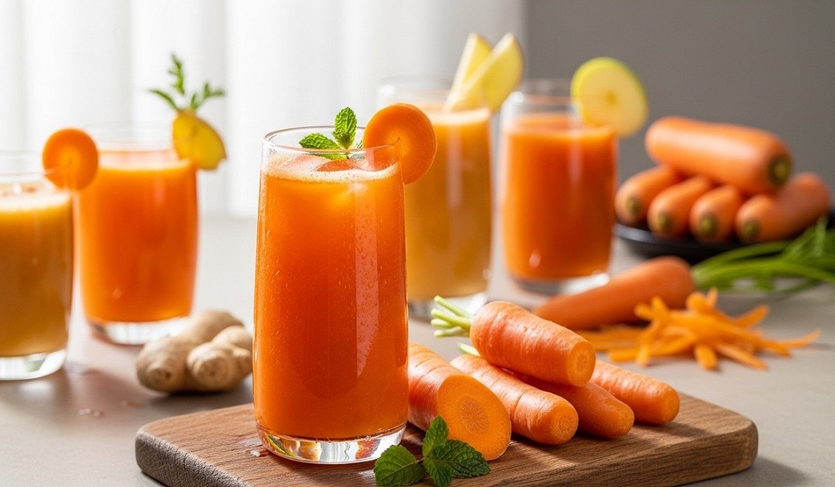 یک لیوان آب هویج همراه با تعدادی هویج خام