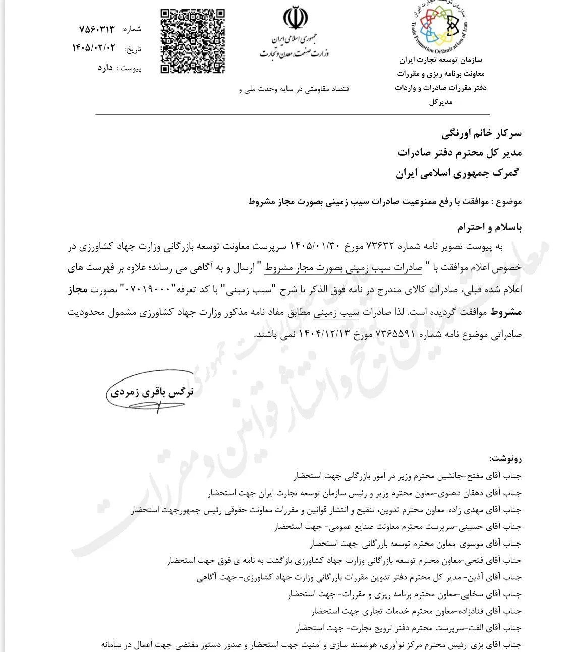 رفع مشروط ممنوعیت صادرات سیب زمینی