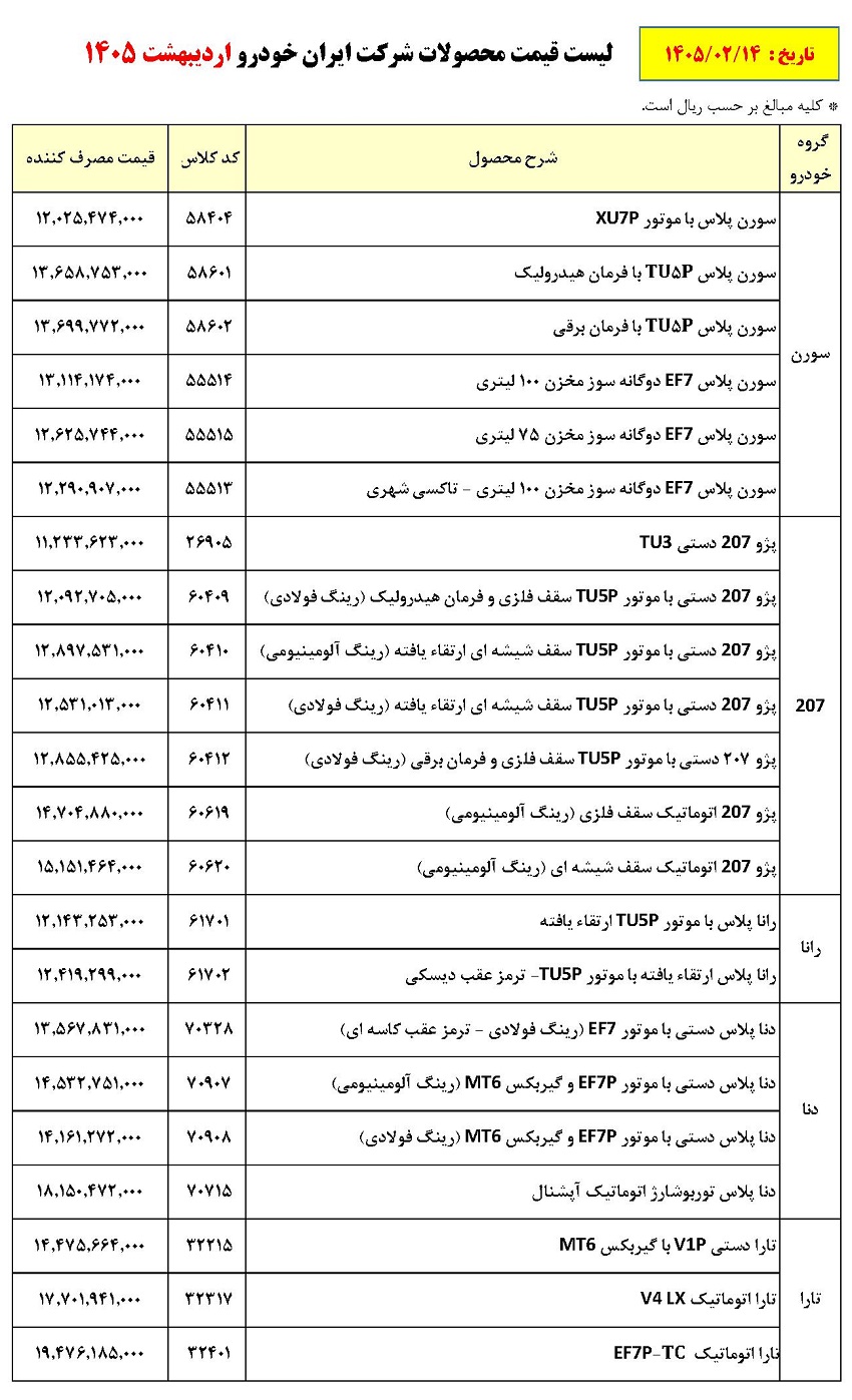 قیمت کارخانه ای تمامی محصولات ایران خودرو دراردیبهشت ماه 1405 (+جدول کامل)