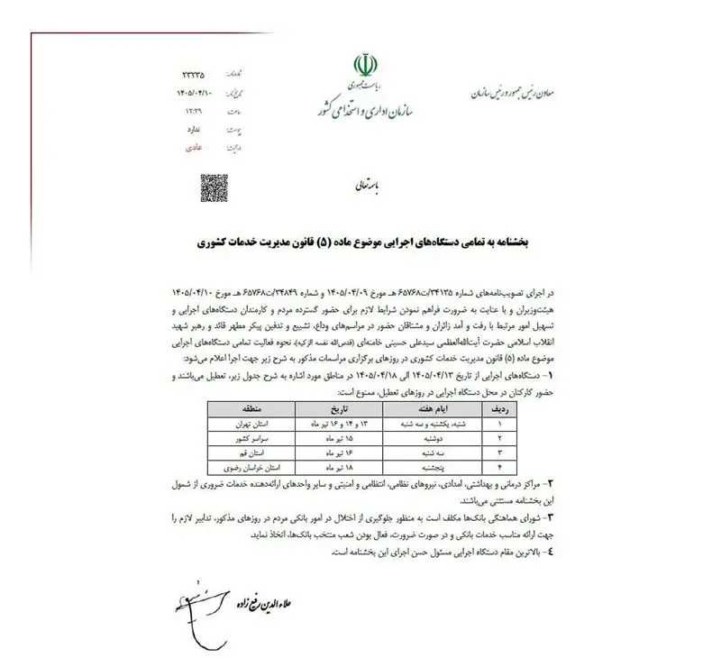 جزئیات تعطیلی هفته آینده از زبان سازمان اداری و استخدامی کشور