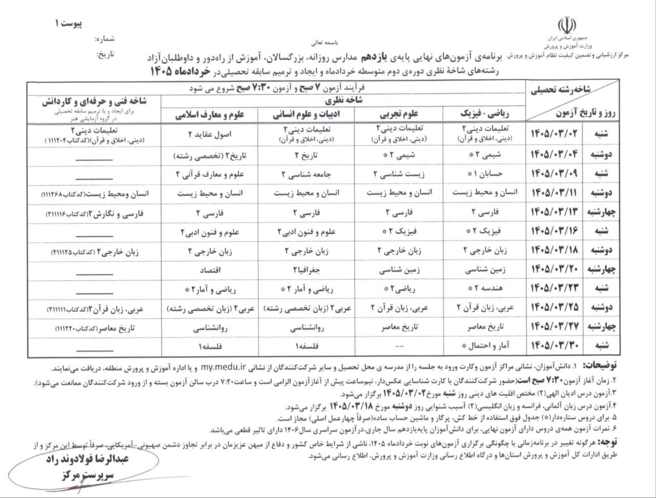 برنامه امتحانات نهایی مدارس در خرداد ۱۴۰۵ اعلام شد