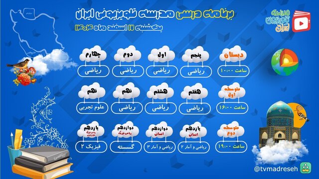 برنامه درسی مدرسه تلویزیونی ایران و زمان پخش برنامه ها برای مقاطع مختلف تحصیلی اعلام شد.