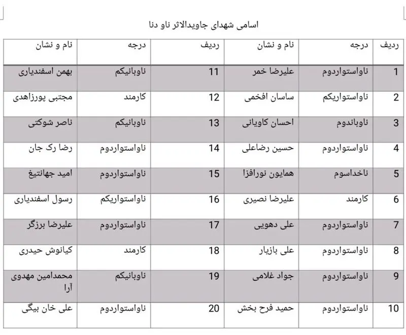 اعلام اسامی شهدا و مجروحان ناو دنا