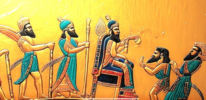 مراسم بار عام و ادای احترام به شاه عیلامی کیتین هوتران نقش شده بر جام ارجان (بهبهان)