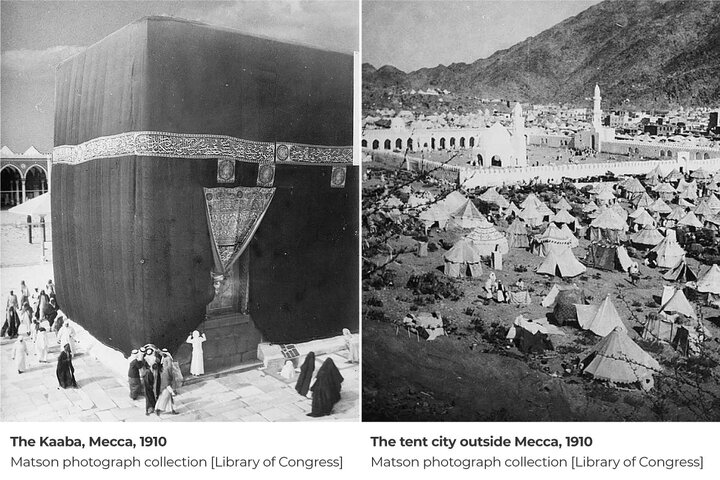 نمایی از کعبه در سال ۱۹۱۰ میلادی و چادرهایی که در اطراف آن برپا شده بود.