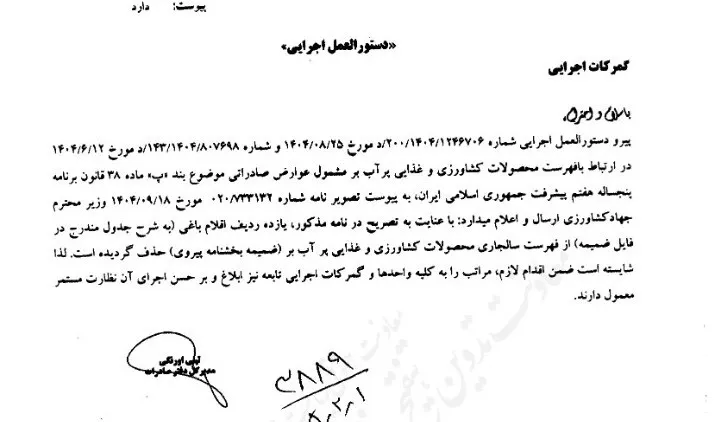 دستورالعمل اجرایی گمرک برای صادرات محصولات کشاورزی آب‌بر
