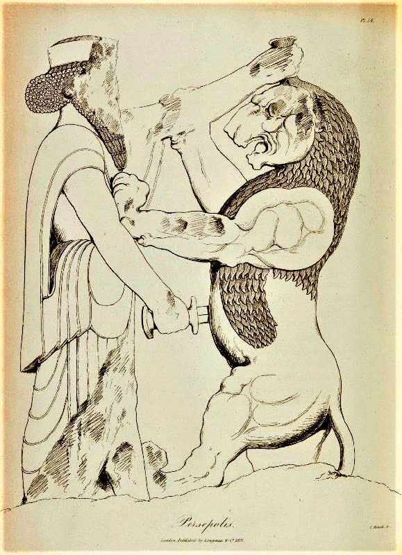 طرحی از نقش‌برجسته‌ تخت‌جمشید که در آن داریوش بزرگ در حال مبارزه با یک کایمرا (موجود افسانه‌ای) است؛ اثر سر رابرت کر پورتر، ۱۸۲۰، به نقل از آکادمی سلطنتی هنر، لندن