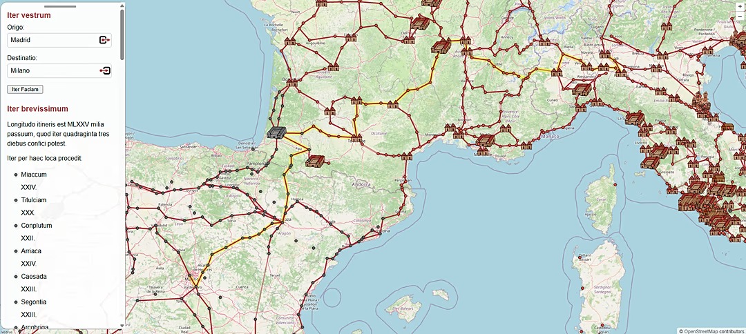 شبیه‌سازی محاسبه سفر از مادرید به میلان در OmnesViae Omnesviae - Open Street maps
