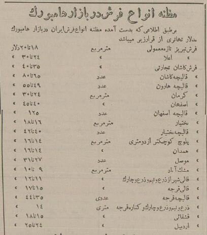  آلمان از دیرباز مهم‌ترین بازار فرش ایرانی در اروپا بوده است. روزنامه اطلاعات اسفند ۱۳۳۴ نرخ انواع فرش ایران در بازار هامبورگ را به دلار منتشر کرد.