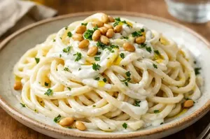 طرز تهیه اسپاگتی با سس ماست و دانه کاج ، دستور اصیل لبنانی